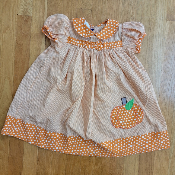 Cotton Pink Orange Gingham Pumpkin Applique Collared Dress, Size 2T - Picture 2 of 4